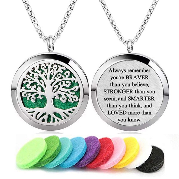 Aromatherapy Essential Oil Diffuser Necklace Tree of Life Pattern Stainless Steel Locket Pendant with 24 Inch Chain
