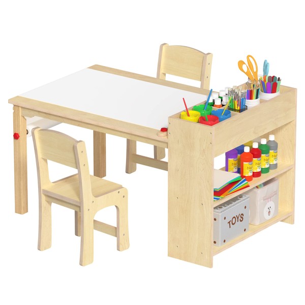 GDLF Kids Art Table and 2 Chairs, Wooden Drawing Desk, Activity & Crafts, Children's Furniture, 42x23