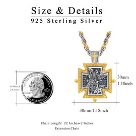 YueYuan Saint Michael Necklace for Men 925 Sterling Silver Archangel Michael Cross Pendant St Michael Protect Us Religious Jewelry Gifts for Christian Graduation Father's Day, 22"+2" Adjustable Chain