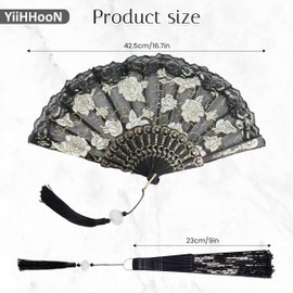 3 Packs Folding Hand Fan, 3 Styles Black Elegant Lace Folding Fan with Tassel, Vintage Style Rave Fan Lace Printing Handheld Hand Fans for Women Costume Tea Party Wedding