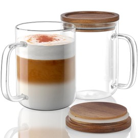 DRASTAR Glass Coffee Cups, 20 oz Large Coffee Mugs, Flat Bottomed Cups with Acacia Wood Lid, Glass Tea Cup with Handle, ClearTea Cup Set of 2