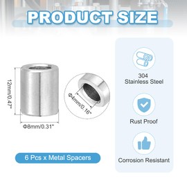 PATIKIL 6 Pcs Stainless Steel Spacers, 4mm ID x 8mm OD x 12mm Height 304 Stainless Steel Bushing Screw Standoff Unthreaded Round Spacer for 3/16" M4 Screws Bolts Nuts