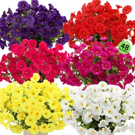 ASTRYAS 48 Bundles Artificial Flowers Plants for Outdoor Decoration, Fake Silk Morning Glory Flowers Faux Eucalyptus Plants UV Resistant for Planter Porch Patio Yard Balcony Home Decor(48, Multicolor)