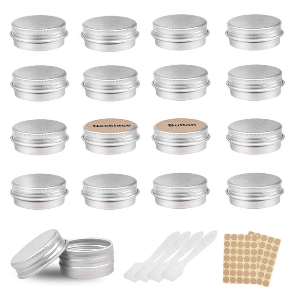 Camelize Aluminium Empty Containers, 24 Pieces Round Travel Cream Jars, 5 ml Empty Tins with 2 Pieces Round Stickers for Lip Balm, Lotion, Cream, Masks, Mini Candles, Cosmetics (Silver)