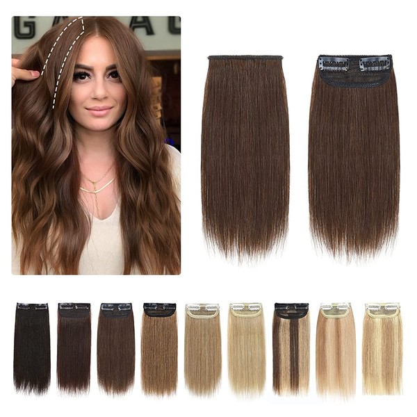 S-noilite 1Pcs Short Hair Extensions Clips in Hair Piece 8" Invisible Hairpin Brown Real Hair Extension for Thinning Hair Balayage Clip in Human Hair Piece Natural Brazilian Hair(8",#04)