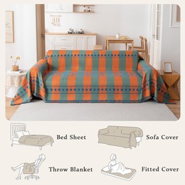 Awjcsv Water Resistant Boho Couch Cover, Soft Chenille Couch Cover for Dogs Washable, Couch Covers for 3 Cushion Couch Sofa Pet Friendly, Thick, Dirt Resistant (Blue and Orange, 71" x 134")