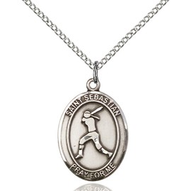 Bonyak Jewelry Saint Medal Collection Sterling Silver St. Sebastian/Softball Pendant 3/4 x 1/2 inches with Sterling Silver Lite Curb Chain