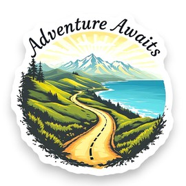 Sticker Gold - Adventure Awaits Mountains Sticker - 11cm x 11cm - Campervan Camper Vanlife Caravan Holiday Decal