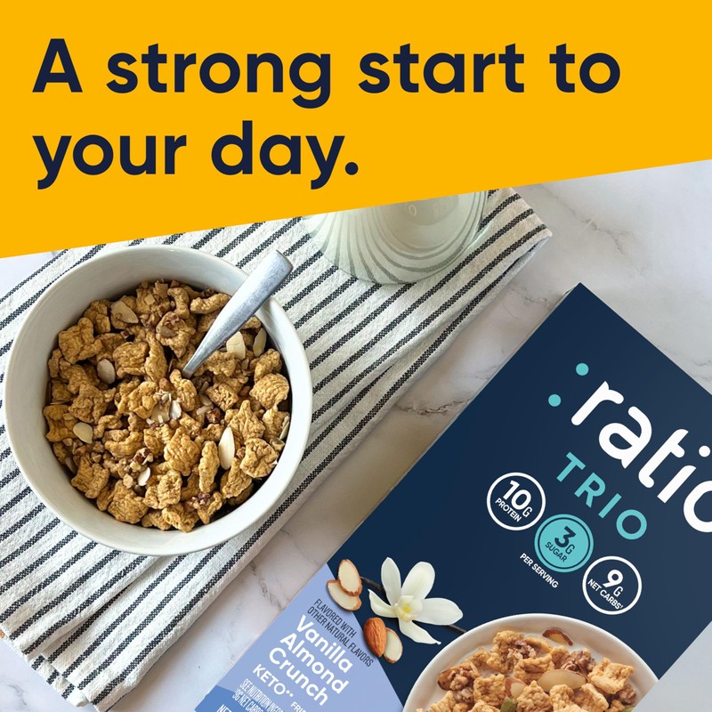 Ratio Trio Vanilla Almond Crunch Cereal, 10g Protein, Keto Friendly,