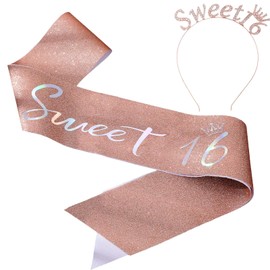Tyqour Sweet 16 Sash and Tiara Rose Gold 16th Birthday Crown Sash Birthday Party Decorations, 16 Birthday Girl Decoration Birthday Crown for Women Girls Woman Decoration Accessories Gift