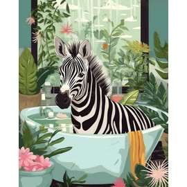 DIY Paint by Numbers for Adults Bathroom Animal DIY Digital Oil Painting Acrylic Paint Zebra Painting Kits Canvas Wall Art Green Leaves Bathtub Jungle Funny Room Decor 20x16 Inch （Without Frame ）
