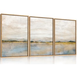HLNIUC Abstract Mountain Lakes Framed Canvas Wall Art Set, Neutral Nature Landscape Wall Decor, Nordic Scenery Wall Painting, Modern Gallery Art Prints for Living Room, Bedroom, Office - 16"x24"x3