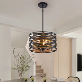 Ship in USA,13" Rustic Industrial Pendant Light, 3-Light Black and Walnut Metal Cage Chandelier with Wood Accents (No Bulbs)Design Style: Modern, Lamp Power(W): 15, Product Size: 32*32*19cm