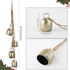 4pcs Christmas Bell, Vintage Metal Christmas Garland Bells Gold Christmas Bell Ornaments with Jute Rope Christmas Bell Decorations for Christmas Tree Crafts