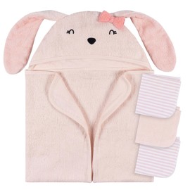 Gerber Baby 4 Piece Animal Character Hooded Towel and Washcloth Set, Pink Bunny, One Size