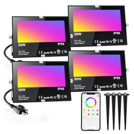 LED Flood Light Outdoor 500W Equivalent 5000LM,Bluetooth RGBW Colored Floodlight Landscape Lighting with APP Control,DIY Scenes,Timing, IP66 Waterproof,2700K,Color Changing Uplight with Ground Stakes