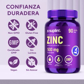 Zinc 50mg Gluconato con Quinoa – Cápsulas de Zinc y Magnesio, con Selenio para Apoyo a Inmunidad, Piel, Corazón y Cerebro – Suplemento Vegano, Sin OGM – 90 Cápsulas – SUPLINT