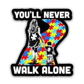 You Will Never Walk Alone Autism Mom Vinyl Waterproof Sticker 5x5 Inches Autism Awareness Stickers Family Car Decals for Car Bumper Truck Window Men Women Bikes Laptop Wall