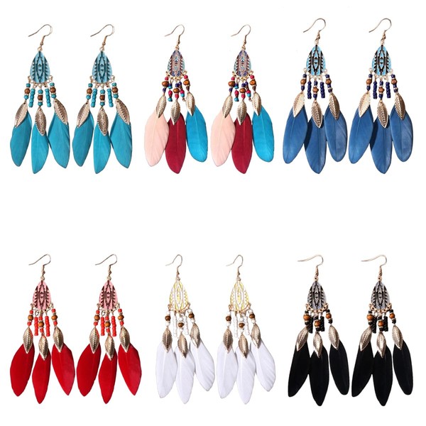 6 Pairs Faux Feather Ethnic Style Earrings, Bohemian Fringe Tassel