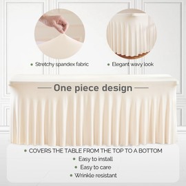 2 Packs Ivory Table Clothes for 8 Foot Rectangle Tables, One-Piece Wrinkle Resistant Stretch Spandex Table Covers with Skirt for Event Banquet Wedding Birthday Party