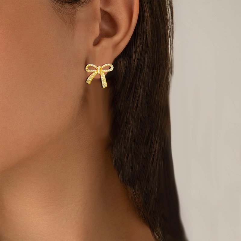 Rhinestone Bow Earrings for Women Silver Bow Earrings Dangle Bow