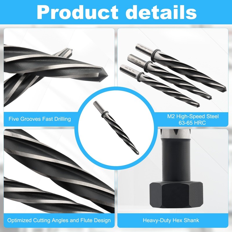 Rocaris 5 Pcs M2 HSS Taper Chucking Reamer Drill Bit,
