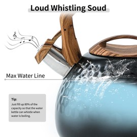 LONFFERY Tea Kettle, 3 Quart Whistling Tea Kettle, Tea Kettle for Stove Top, Food Grade Stainless Steel Tea Pot with Wood Pattern Folding Handle - Black