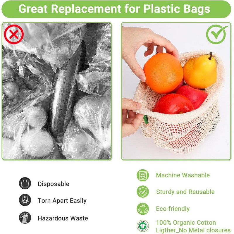 8 Pcs Reusable Cotton Mesh Produce Bags, Biodegradable Washable Eco-Friendly,