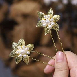 YBSHIN Bride Wedding Hair Pins Flower Hair Pieces Pearl Hair Clips Leaf Bridal Hair Accessories for Women and Girls (Glod)