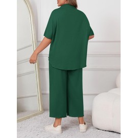 Beautife Women's Plus Size 2 Piece Outfits 3/4 Batwing Sleeve Capelet Crew Neck Pullover Top Wide Leg Pants Lounge Set Dark Green