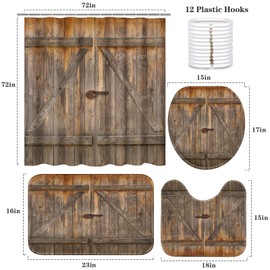 Britimes 4 Piece Shower Curtain Sets, with 12 Hooks, Rustic Weathered Barn Door with Non-Slip Rugs, Toilet Lid Cover and Bath Mat for Bathroom Decor Set, 72" x 72"