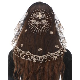 Bozidol Church Catholic Veils for Women - Princess Style Sacred Heart & Rose Embroidered Lace Mantilla Chapel Veil Latin Mass Head Coverings