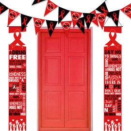 Breling 122 Pcs Drug Free Awareness Red Ribbon Week Decorations Items Include Red Black Ribbon Banners and Door Porch Warning Sign Banners for Classroom Office Hanging Supplies