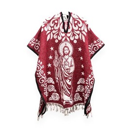 St Jude Our Lady of Guadalupe Poncho Cape Shawl Blanket Virgen San Judas Tadeo Zarape Gaban Cobija Unisex Indigenous Handmade (Red)