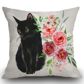 Swono Black Cat and Watercolor Flower Farmhouse Pillow Cover Cotton Linen Decorative Square Throw Pillow Cover 18x18 Inch for Sofa Couch Decoration