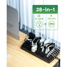 15 ft Long Extension Cord Power Strip Surge Protector, SUPERDANNY 22 Outlets and 6 USB Ports, 1875W/15A, 2100J, Flat Plug, Wall Mount, Heavy Duty Charging Staion for Home Office Dorm Game Room, Black