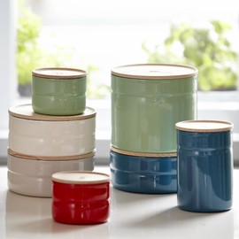 Riess, 2171-211,Vorratsdose mit Eschenholzdeckel, Durchmesser 8 cm, Höhe 6 cm, Inhalt 230 ml, LIGHT GREY, KITCHEN-MANAGEMENT, Truehomeware, Emaille