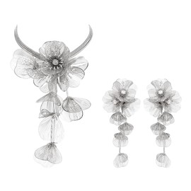 BriLove Strand Statement Flower Necklace for Women, Shiny Chic Floral Flower Statement Collar Bib Necklaces Dangle Earrings Jewelry for Summer Beach Holiday Costume Prom Jewelry Clear