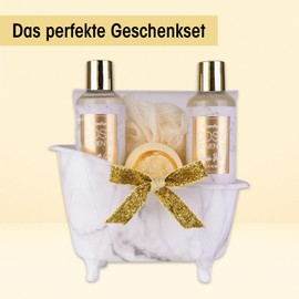 Accentra - Cosy Moments Bath & Shower Set in Gold - Gift Set for Relaxation for Women for Birthday or Christmas - 4-Piece Wellness Gift & Care Set with Mini Decorative Bathtub