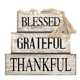 Yuntau 4 Pcs Farmhouse Wooden Tabletop Decor Farmhouse Tiered Tray Decor Rustic Retro Wood Bead Garland Blessed Grateful Thankful Block Sign Neutral Centerpiece Sign for Home Office Shelf Mantle