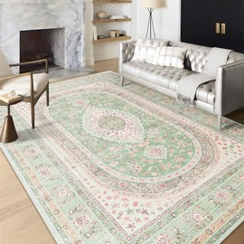 Castage 6x9 Area Rugs Washable,Green Rug for Living Room Bedroom Kitchen,Large Boho Vintage Bohemian Distressed Oriental Carpet Non Slip,Sage Blush Floral