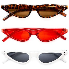 Set of 3 - Retro 1950s Narrow Cat Eye Sunglasses UV 400 Protection (Assorted: Tortoise, White & Red)