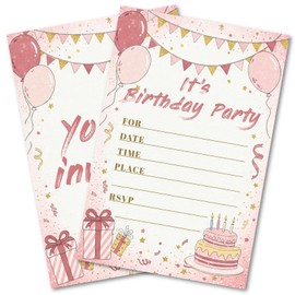 WENFLY Sweet Birthday Invitations for Girl Teens Kids, 25 Pcs 4x6 Pink Gold Party Card Kit with Balloons, Bunting, Presents & Cakes - Sweet Colorful Childlike