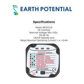Earth Potential Outlet Tester for Standard US 110v Electrical Outlets – Checks Live, Neutral & Earth Connections & Polarity with Automatic Status Display – Includes a GFCI Tester