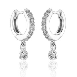 Diamond Treats Mini Hoop Earrings with Sparkling Cubic Zirconia and Bezel Set Zirconia Drop in 925 Sterling Silver. These Sparkling Silver Sleeper Hoops are a Lovely Gift for Women.