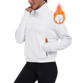 MoFiz Sweatshirt without hood women's fleece jacket sweat jacket short pullover with zip for autumn winter, White