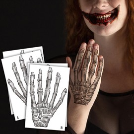 4-Sheet 3D Skeleton Hand Temporary Tattoos - Dual Left & Right Designs - Halloween Fake Bones Tattoo for Costumes