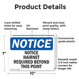 (2 Pack) Hairnet Required Beyond This Point OSHA Notice Sign 10 Inch X 7 Inch Plastic Sign, Weather Resistant, UV Protected for Workplace, Business, and Construction Site, Made in the USA
