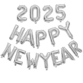 Happy New Year Balloons 2025, 16 Inch Silver Foil Balloons Set with Ribbon & Straw| Happy New Year Decorations 2025 | New Years Eve Party Supplies 2025 for Home, Indoor, Outdoor NYE Celebrations Favor