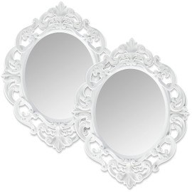 ANDALUS Small White Oval Vintage Mirror with Convenient Sawtooth Hook on Back - Pack of 2, Lightweight Ornate Wall Mirror for Home Decor, 11.5” x 15”
